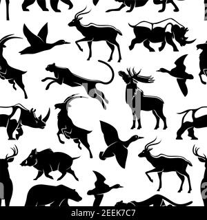 Hunting vector seamless pattern. Silhouettes of African cheetah panther or puma cat, forest elk or deer and aper boar, grizzly bear or savanna rhinoce Stock Vector