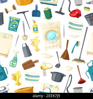 Housework seamless pattern of cleaning, mopping and laundry vector flat icons washing machine, broom or brush and soap detergent, vacuum cleaner or gr Stock Vector