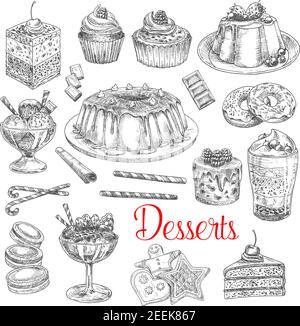 Dessert cakes and pies vector sketches. Waffle biscuits, sweet pastry muffins and brownie muffins with cherry and cream topping. Isolated set of tiram Stock Vector