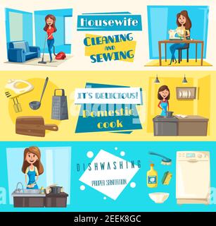 Housework washing, sewing or cleaning and dishwashing banners set. Vector housewife woman with vacuum cleaner or sewing machine, wash dishes tableware Stock Vector