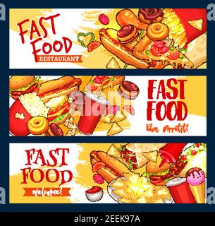 Fast food burgers, pizza and desserts banners for fastfood restaurant menu. Vector set of hot dog sandwich, hamburger or french fries and cheeseburger Stock Vector