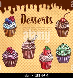 Cupcake desserts vector waffle poster. Pastry sweet muffin biscuits, chocolate brownie muffins with cherry and cream topping, torte cakes or tiramisu Stock Vector