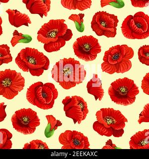 Floral poppy blossoms vector seamless pattern. Tile of blooming red flowers in garden and flourish field of spring petals in bloom for tracery or text Stock Vector