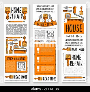 Home repair, house painting and interior design banner set. Hand tool sketch poster with paint brush and roller, spatula, trowel, tape measure, ruler Stock Vector