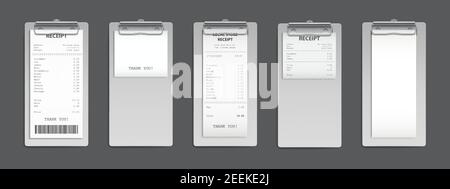 Cash receipt on clipboard, purchase bill invoice, supermarket shopping retail sum check and total cost store sale payment, empty and filled blank isolated on grey background. Realistic 3d vector set Stock Vector