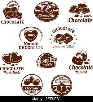 Chocolate desserts and choco candy bars icons. Vector isolated set of chocolate splash fondant and comfits with nuts and raisins for confectionery and Stock Vector