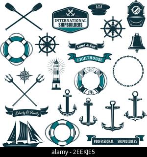 Marine navy and nautical heraldic icons set. Vector crossed paddles, ship anchor or helm and life buoy, trident and aqualung mask, boat bell or lighth Stock Vector