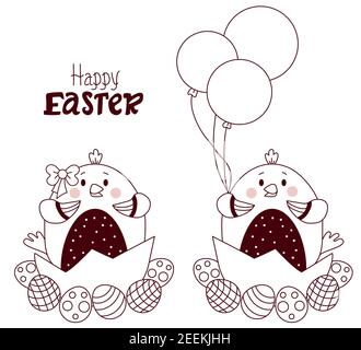 Happy Easter card. Couple of cute Easter chicks - boy and girl with Easter eggs and balloons. Vector. Sketched Easter. Line, outline. For design, deco Stock Vector