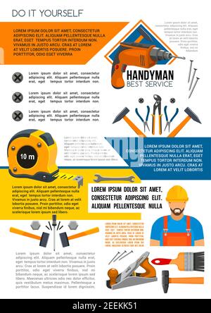 Handyman service poster of man in helmet with work tool. Home repair banner with hammer, wrench, screwdriver, drill, spanner, paint brush, pliers and Stock Vector