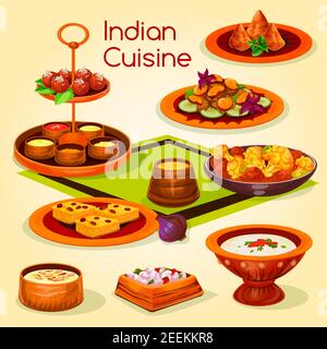 Indian cuisine lunch with dessert cartoon icon. Chicken baked with vegetable, potato samosa, tomato yogurt sauce, mushroom stew, rice dessert with nut Stock Vector