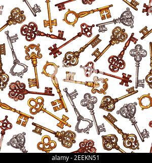 Keys seamless vintage pattern. Vector tracery of heraldic old metal or bronze and brass forged lock keys of royal fortress or antique medieval castle Stock Vector