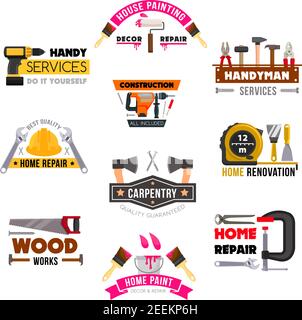 Handy service icons set for home renovation and woodwork repair. Vector isolated work tools saw, hammer or measure ruler, spanner or screwdriver and d Stock Vector