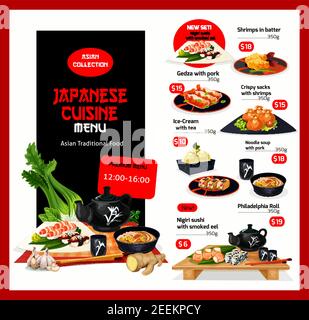 Japanese cuisine restaurant menu template. Vector Asian lunch offer for shrimps in butter, pork gedza or noodle soup, philadelphia roll or smoked eel Stock Vector