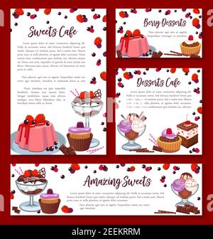 Pastry baked desserts banners or posters templates for bakery shop or patisserie cafe. Vector design of chocolate biscuits or brownie and tiramisu cak Stock Vector