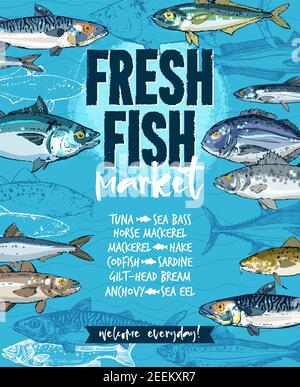 Fresh fish welcoming banner for seafood market template. Tuna, salmon, mackerel, trout, cod, hake, perch, dorado, sardine, anchovy and sprat freshly c Stock Vector