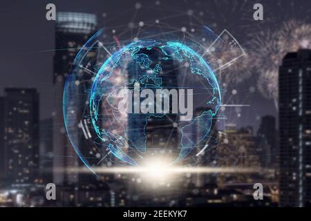 particle earth with technology network circle over the photo blurred of cityscape background, technology and innovation, futuristic and cloud computin Stock Photo