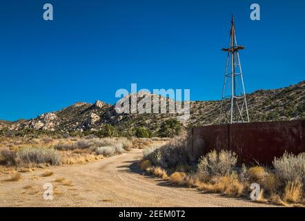 Abandoned water tank in Caruthers Canyon, New York Mountains, Mojave National Preserve, California, USA Stock Photo