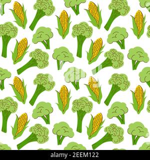 vegetable pattern with composition Corn cobs and broccoli element . Perfect for food background, wallpaper, textile. Vector illustration Stock Vector