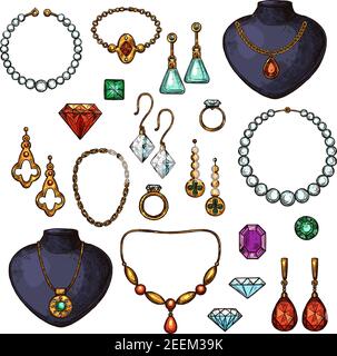 Jewelry bijou fashion accessories of gemstones, golden or diamonds. Vector isolated icons of wedding golden ring, silver earrings with ruby or emerald Stock Vector