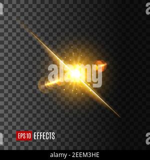 Sun or star light flash icon on transparent background. Vector isolated light beam or shining ray with lens flare or gleaming bokeh glare effect of sp Stock Vector