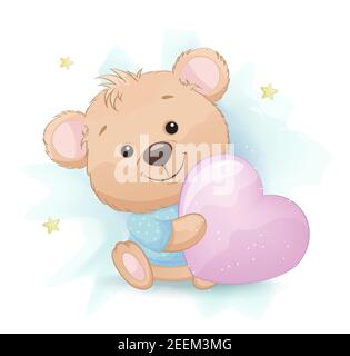 Cute little bear cartoon character sitting with big pink pillow in a shape of a heart. Stock vector illustration, clipart, usable for birthday party g Stock Vector