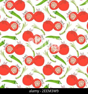 vegetable pattern with composition chilies, lemongrass, tomatoes element. Perfect for food background, wallpaper, textile. Vector illustration Stock Vector