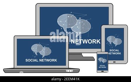 Social network concept shown on different information technology devices Stock Photo