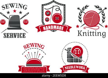 Sewing service or atelier tailoring salon icons set. Vector isolated symbols of sewing needlework pins in pillow and knitting needles or wool clew, bu Stock Vector