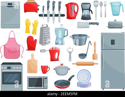 Kitchen utensil, kitchenware and home appliances icons. Vector set of refrigerator, dishwasher or microwave oven and mixer, grater or frying pan and s Stock Vector