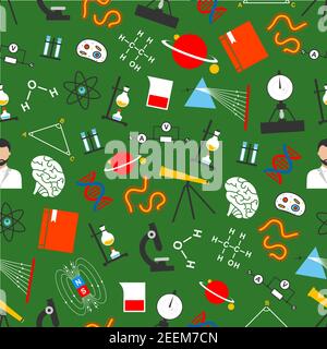 Science and study seamless pattern. Vector scientific items of astronomy planet globe, chemistry vials and biology DNA in microscope, mathematics form Stock Vector
