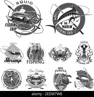 Fishing trip or fisherman club icons set of big fish on hook and tackle. Vector isolated badges of squid, turtle or shrimp and fishing rod with lure o
