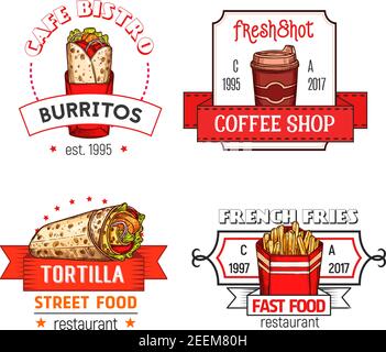 Fast food icons of burrito snack, tortilla wrap or french fries snack and soda or coffee drink for fastfood restaurant, bistro of cafe and cinema bar Stock Vector