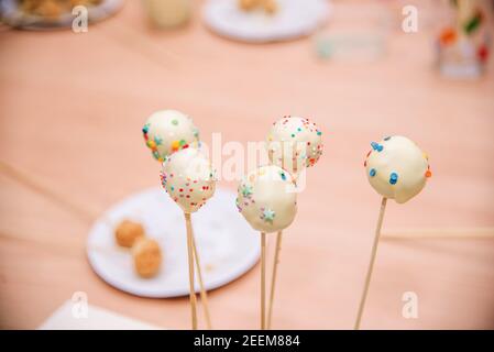 Christmas white cake pops on sticks.  Stock Photo