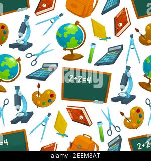 Back to School seamless pattern of blackboard and study supplies. Vector lessons book, chemistry or biology microscope, geometry ruler or compass and Stock Vector