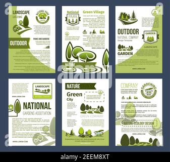 Ecology, environment protection posters. Green city, eco business, landscape design service and gardening design with green tree, plant badges and eco Stock Vector