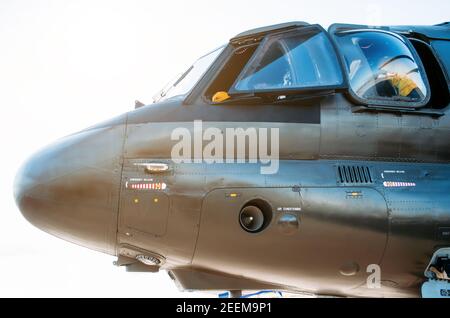 Nose and cockpit of the helicopter pilot. Side view Stock Photo