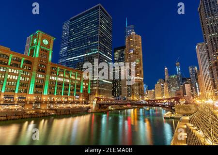 Scene of Chicago riverwalk cityscape at the twilight time, USA downtown skyline, illinois, United state of america, Architecture and building,travel w Stock Photo