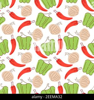 vegetable pattern with composition paprika, chilies, garlic element. Perfect for food background, wallpaper, textile. Vector illustration Stock Vector