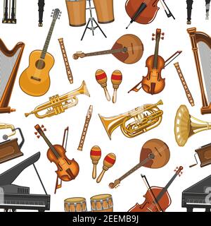 Musical instruments seamless pattern. Vector music notes for piano, guitar or harp and jazz saxophone, orchestra violin fiddle or contrabass and marac Stock Vector