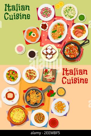 Italian cuisine dishes, soups and salads. Traditional pasta served with tomato, olive, cheese and meat, salad, lamb and fish, soup, potato dumpling, r Stock Vector