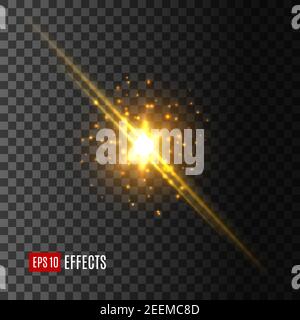 Light flash with glittering sparkles and lens flare effect. Vector isolated icon of shining sun rays or starlight beams on transparent background, twi Stock Vector
