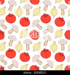 Seamless pattern vegetables with elements of mushrooms, tomatoes, garlic. Vector illustration Stock Vector