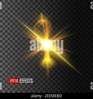 Light effect of shining star or sun glare on transparent background. Golden light flash with glowing rays and lens flare effects Stock Vector