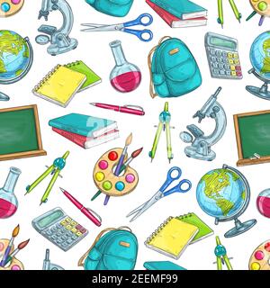 School education seamless pattern. Pencil and book, ruler and pen, globe and notebook, scissors, calculator, paint brush, microscope,backpack,blackboa Stock Vector