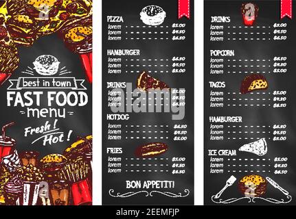 Fast food restaurant chalkboard menu template. Fast food dishes list with price and hamburger, french fries, soda, pizza, hot dog, coffee, taco, ice c Stock Vector