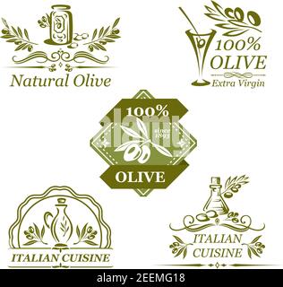 Olive oil icons set of green olives on branches. Vector isolated set of extra virgin olive oil in bottles and jars for organic natural product label t Stock Vector