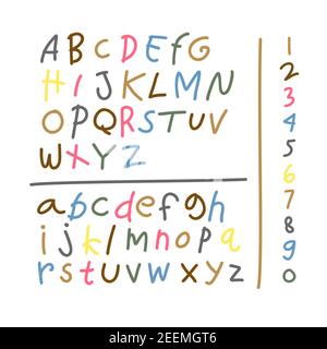 set of element drawing kid alphabet colorful. Child drawing of alphabet font made with wax crayons. Vector illustration. Stock Vector