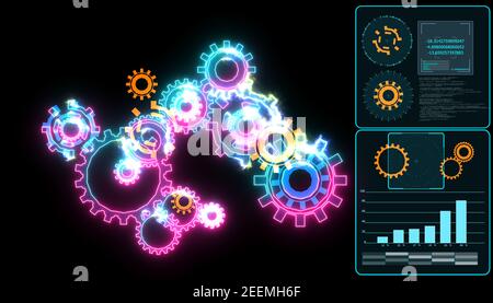 Futuristic digital thermodynamic gear nano technology graphic infinity powerful energy and analysis graph monitor on right frame Stock Photo