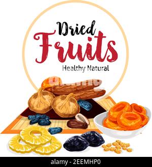 Dried fruits or dry fruit snacks of raisins, prunes or pineapple and dried apricots, dates or figs and cherry or nuts in bowl plate. Vector poster of Stock Vector