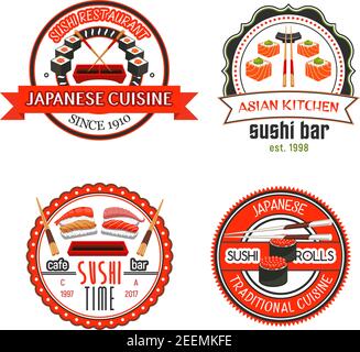 Japanese sushi bar and asian cuisine restaurant badges and icons. Seafood sushi roll and nigiri with rice, salmon, tuna, shrimp, octopus and caviar, s Stock Vector